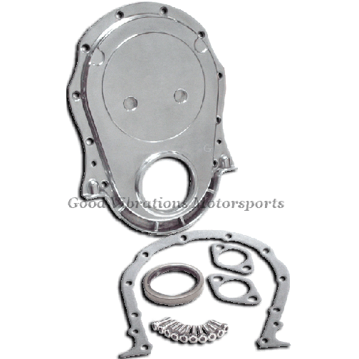 TIMING COVER SET BBC POLISHED ALUM w/ GASKET BOLTS & CHROME BOLTS