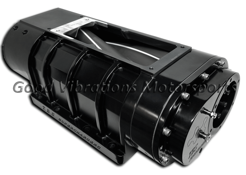 14.71 BILLET BLACK ANODIZED RACE BLOWER HA w/ BILLET ROTORS & 18pt STRIPS. 10.5in OPENING 13.25in BP REAR NOZZLES. HI-HELIX FRONT DISCHARGE RETRO (.100 ROTOR)