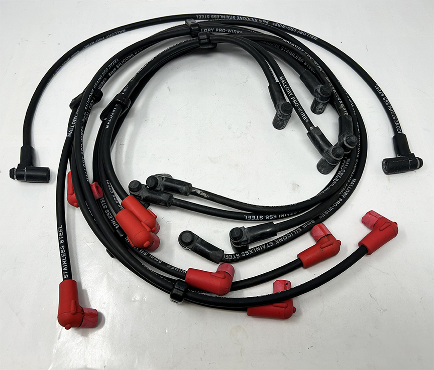 Spark Plug Wires - Mallory - Pro Wire Silicone SS Core. 90 degree boots Lengths: 18 / 22 / 27 / 29 / 32.5 / 38 / 42 / 46in Coil Wire: 30in Fits: BB Chevy (and others)